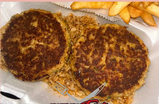 Crab Cake Over Cajun Rice Dinner.